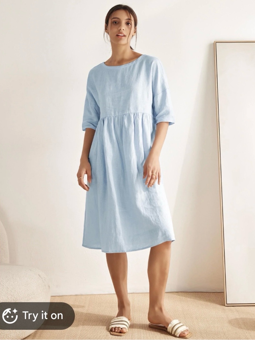 NWT Lintico Valencia 100% linen midi dress lagenlook blue size M